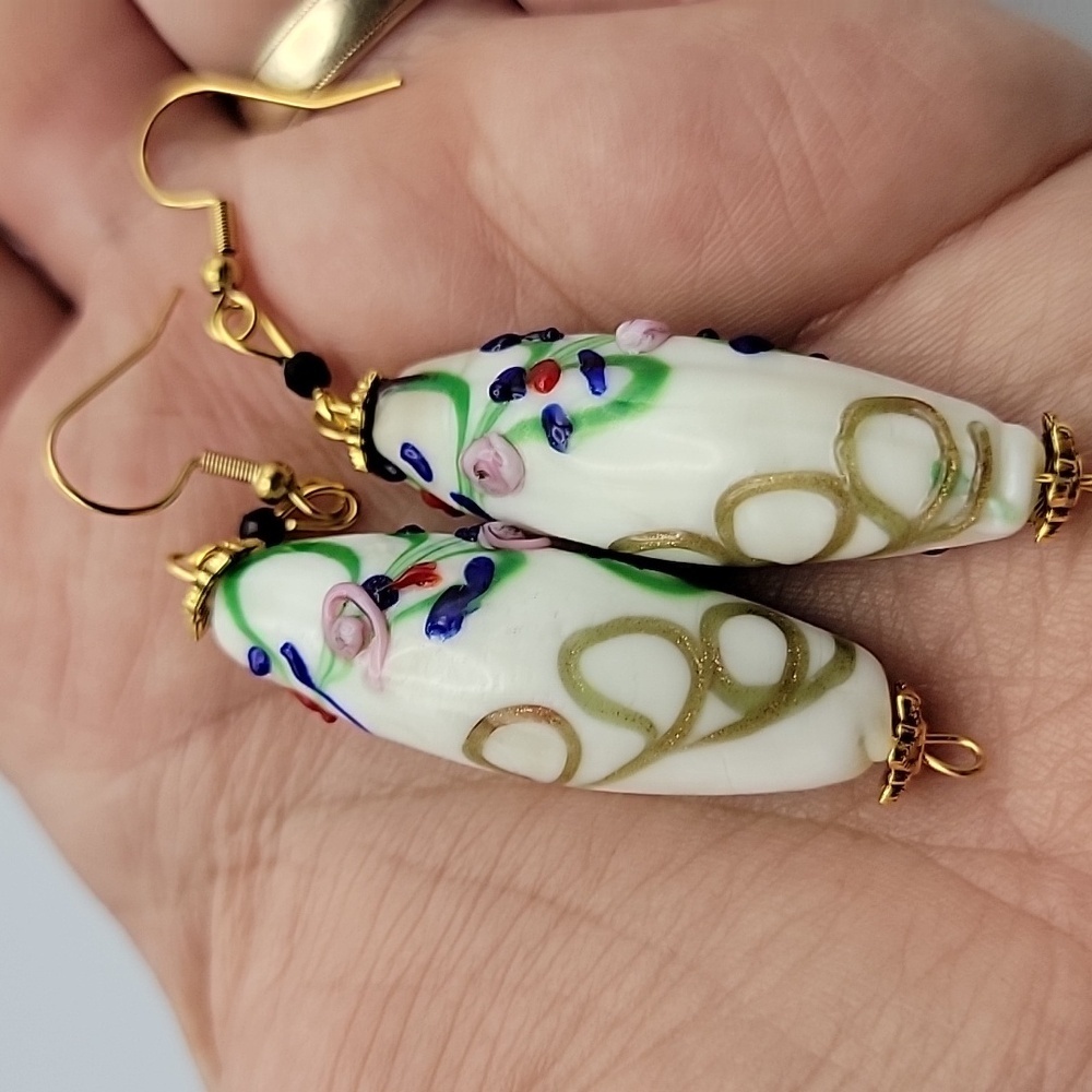 White Rainbow Inlaid Lampwork Glass Flower Drum Pendant Hoop Earrings Gold Tone